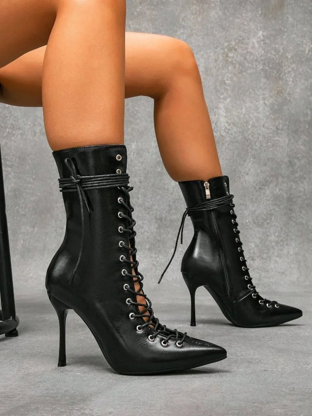 Black Sexy Women's Lace-Up High Heel Mid-Calf Boots